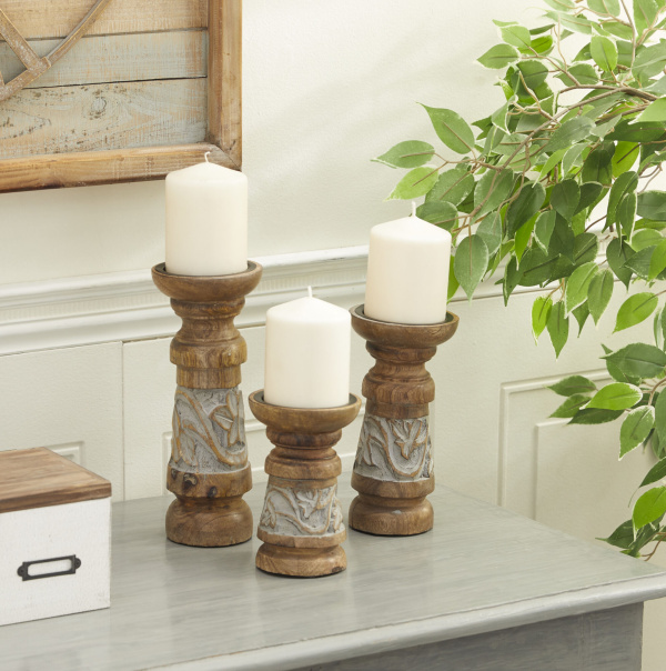 605063 Set of 3 Bronze Wood Country Cottage Candle Holder, 6", 8", 10"