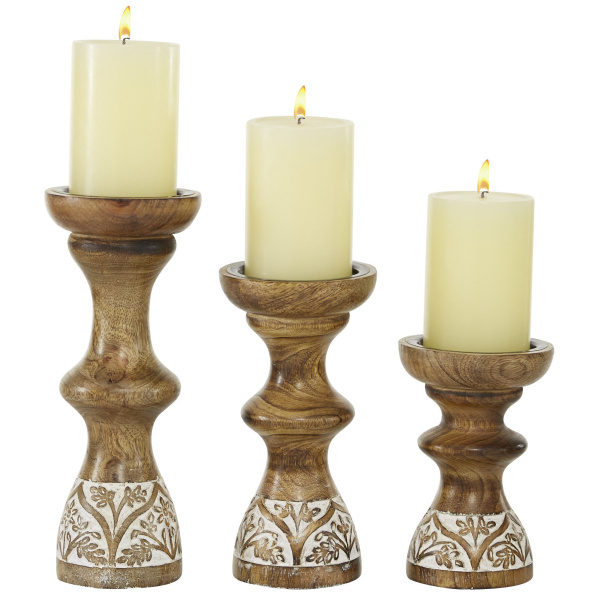 Set of 3 Brown Wood Country Cottage Candle Holder, 6", 8", 10"