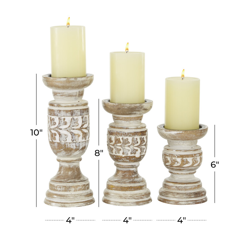 605074 Set Of 3 Beige Wood Country Cottage Candle Holder 2