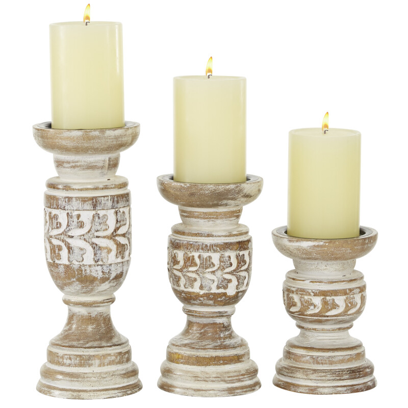 605074 Set of 3 Beige Wood Country Cottage Candle Holder, 6", 8", 10"