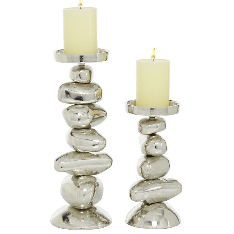 605244 Set of 2 Silver Aluminum Contemporary Candle Holder, 10", 14"