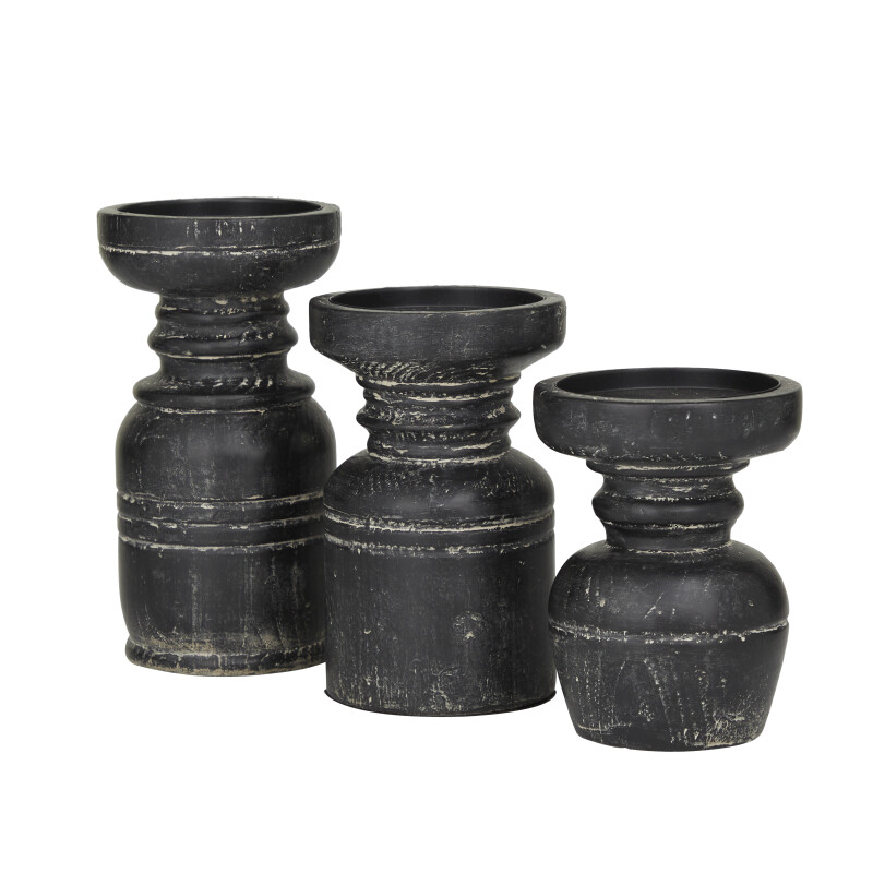 605317 Black Black Wood Traditional Candle Holder Set Of 3 9 7 6 H 3