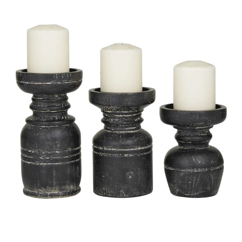 605317 Black Wood Traditional Candle Holder Set of 3