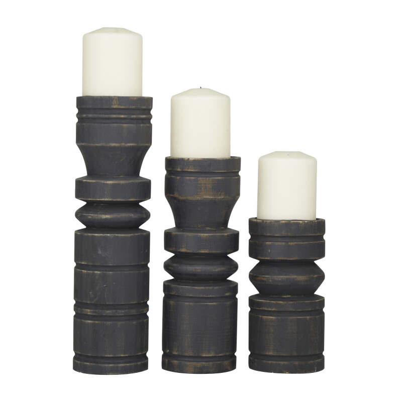 605318 Black Wood Traditional Candle Holder Set of 3