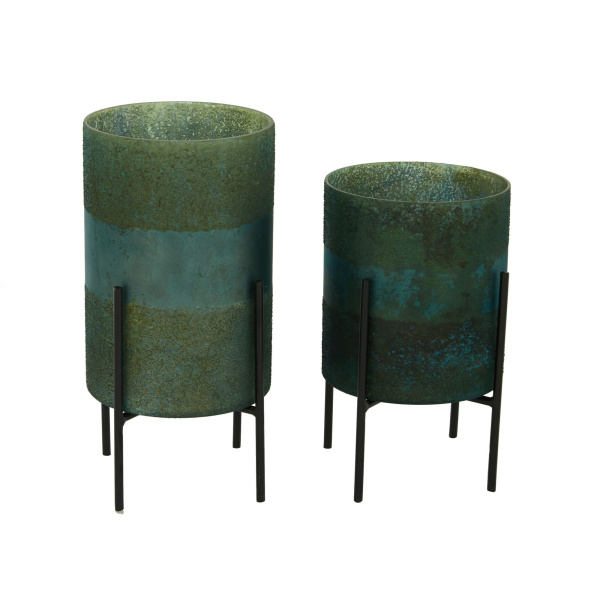 605411 Set of 2 Green Glass Contemporary Candle Holder, 10", 12"