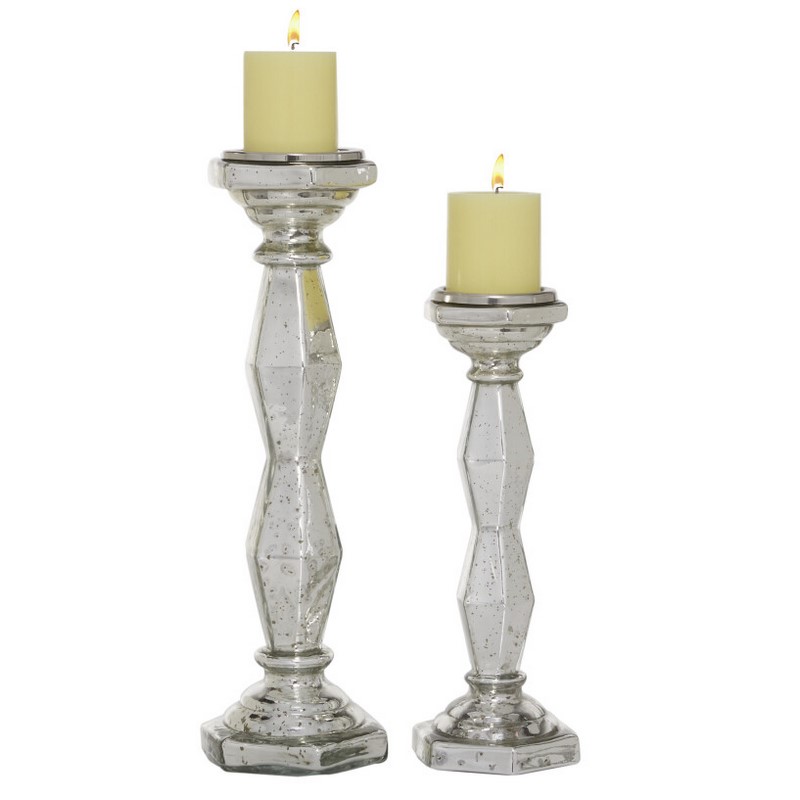 605417 Set of 2 Silver Glass Glam Candle Holder, 14", 18"