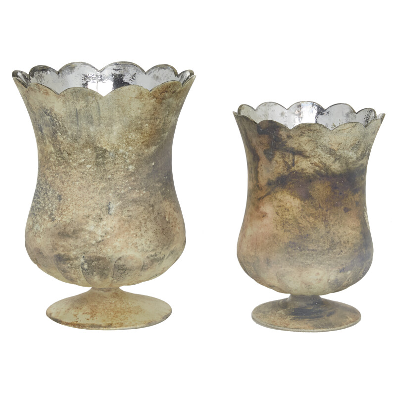 605421 Set of 2 Brown Glass Rustic Candle Holder, 7.5", 9"