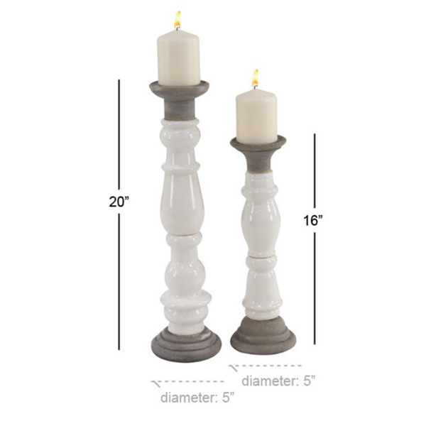 605613 Grey Set Of 2 White Stoneware Country Candle Holder 1