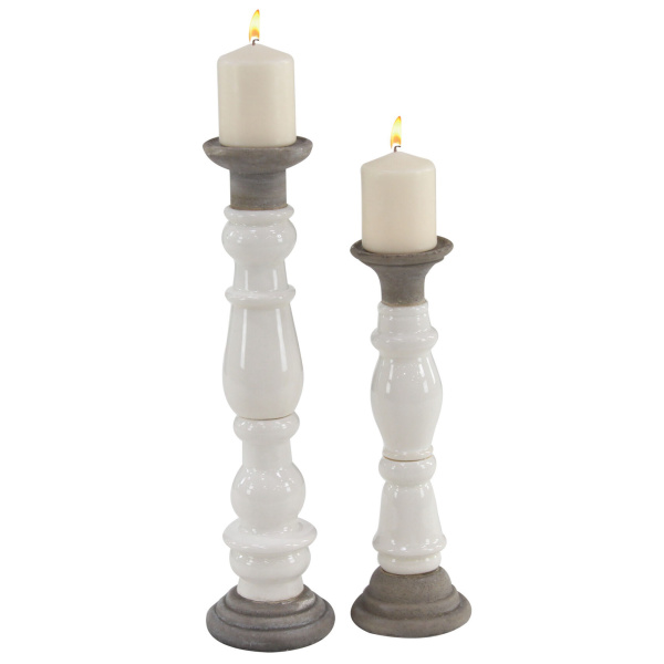 605613 Set of 2 White Stoneware Country Candle Holder, 16", 20"
