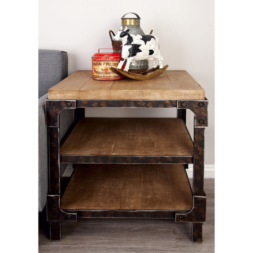 605664 Brown Black Brown Wood Industrial Accent Table 2