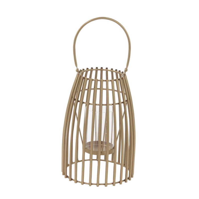 Gold Metal Contemporary Candle Holder Lantern, 12" x 8" x 8"