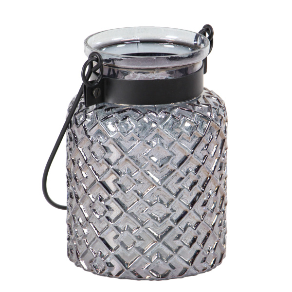 605883 Clear Glass Industrial Candle Holder Lantern, 9" x 7" x 7"