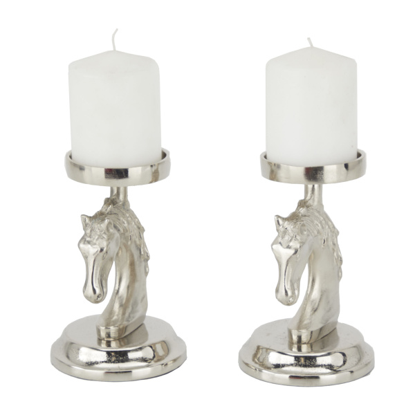 605998 Set of 2 Silver Aluminum Contemporary Candle Holder, 4" x 4" x 5"