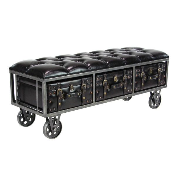 606037 Industrial Rectangular Black Faux   Leather and Wood Storage Bench, 19" x 47" x 16"