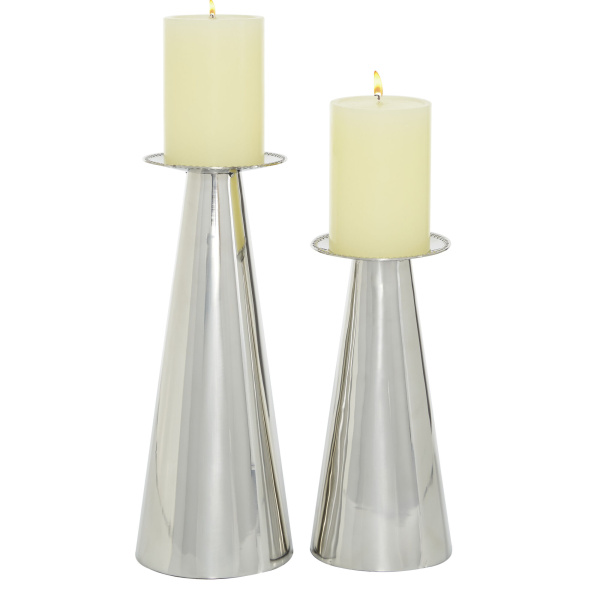 606100 Set of 2 Silver Stainless Steel Glam Candle Holder, 8.75", 11"