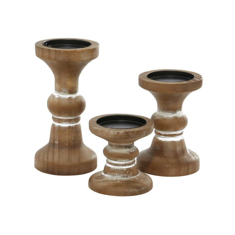 606222 Brown White Set Of 3 Brown Wood Farmhouse Candle Holder 7