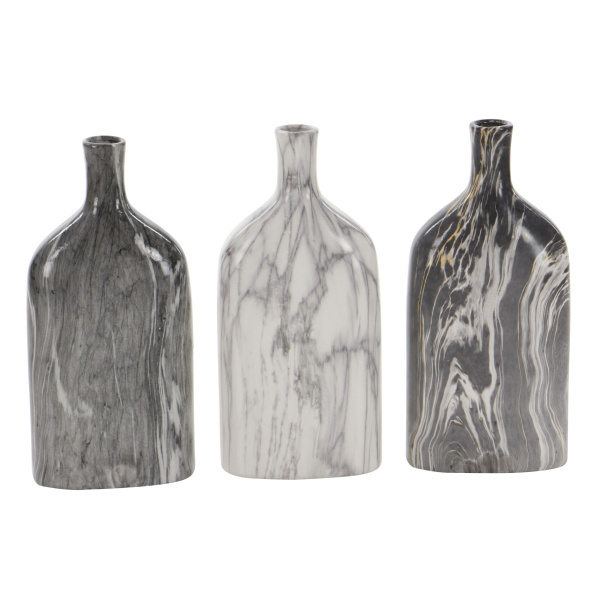 606481 Set of 3 Grey Stoneware Contemporary Vase, 6" x 13"
