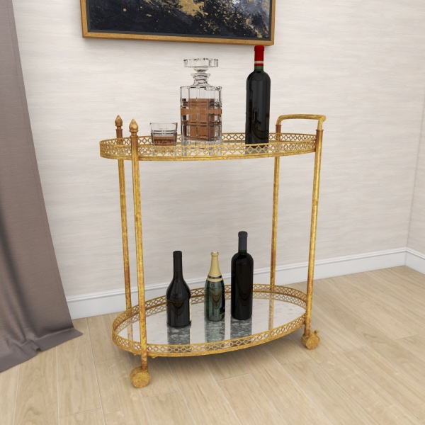 606490 Gold Metal And Glass Traditional Bar Cart 2