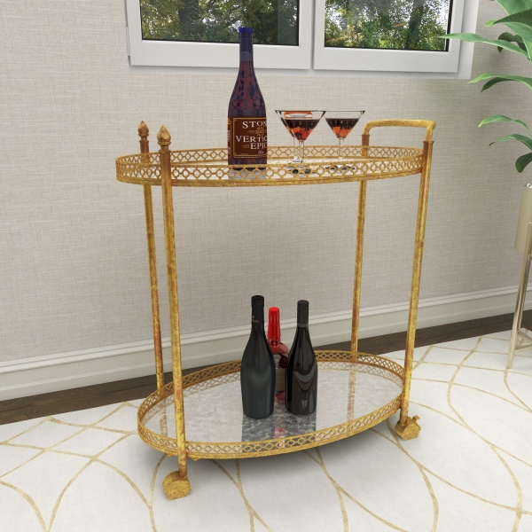 606490 Gold Metal and Glass Traditional Bar Cart, 35" x 30" x 16"
