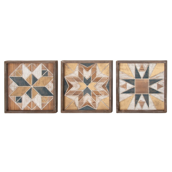 606594 Set of 3 Brown Wood Farmhouse Abstract Wall Decor, 15" x 15"
