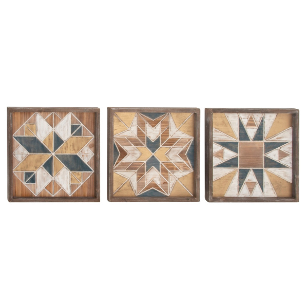 Set of 3 Brown Wood Farmhouse Abstract Wall Decor, 15" x 15"