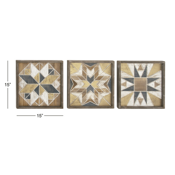 606594 White Set Of 3 Brown Wood Farmhouse Abstract Wall Decor 4