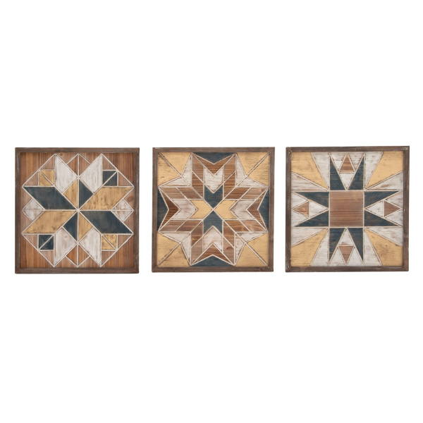 606594 White Set Of 3 Brown Wood Farmhouse Abstract Wall Decor