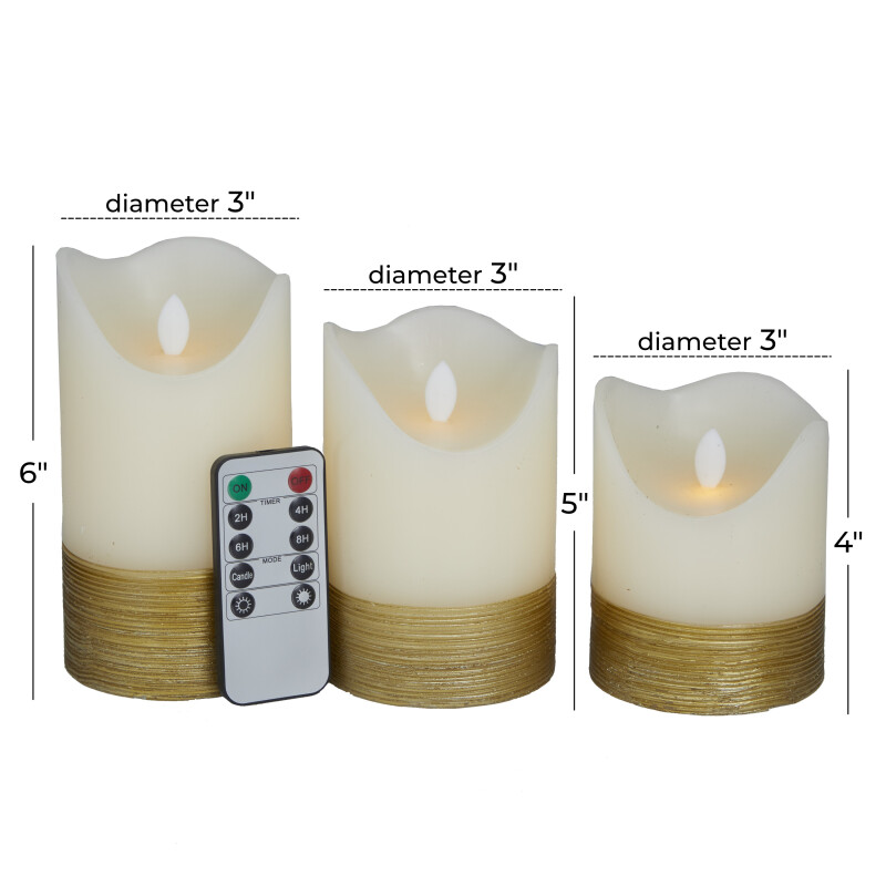 606612 Gold Gold Wax Traditional Flameless Candle Set Of 3 6 5 4 H 19