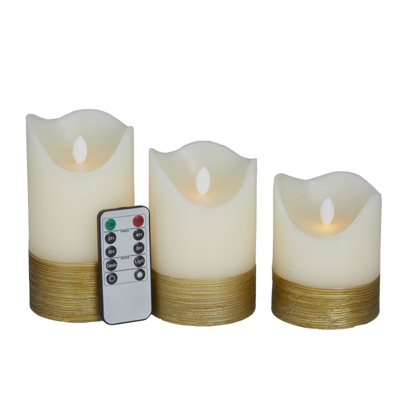 606612 Gold Wax Traditional Flameless Candle Set of 3