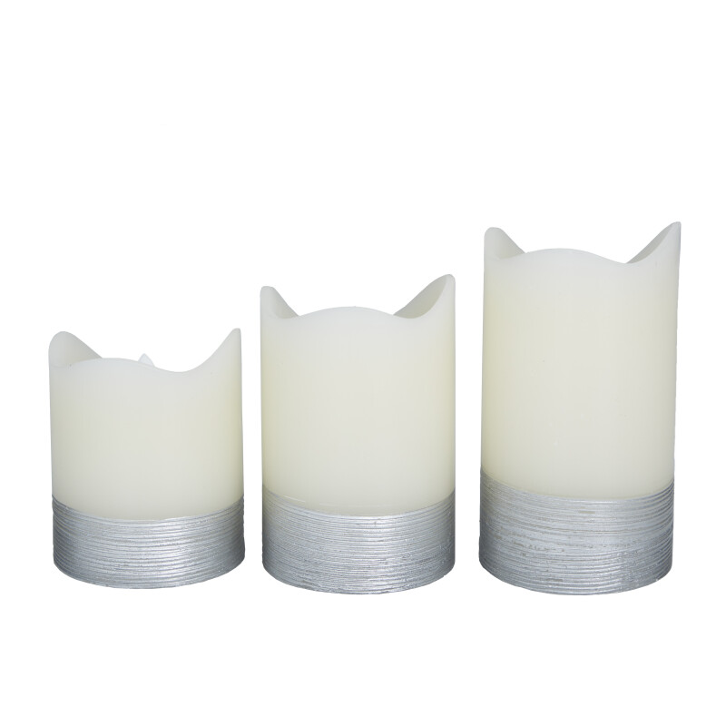 606613 Silver Silver Wax Traditional Flameless Candle Set Of 3 5 6 4 H 17