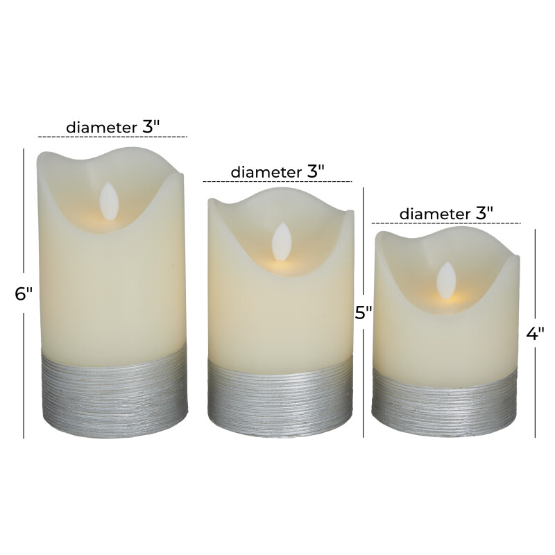 606613 Silver Silver Wax Traditional Flameless Candle Set Of 3 5 6 4 H 19