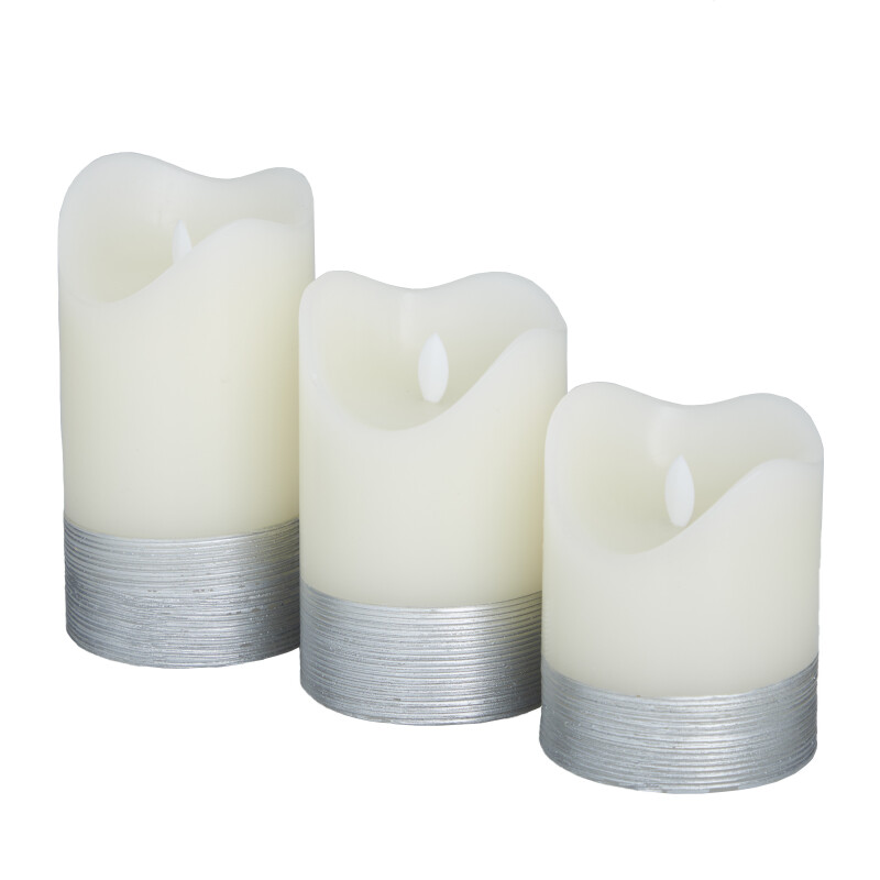 606613 Silver Silver Wax Traditional Flameless Candle Set Of 3 5 6 4 H 3