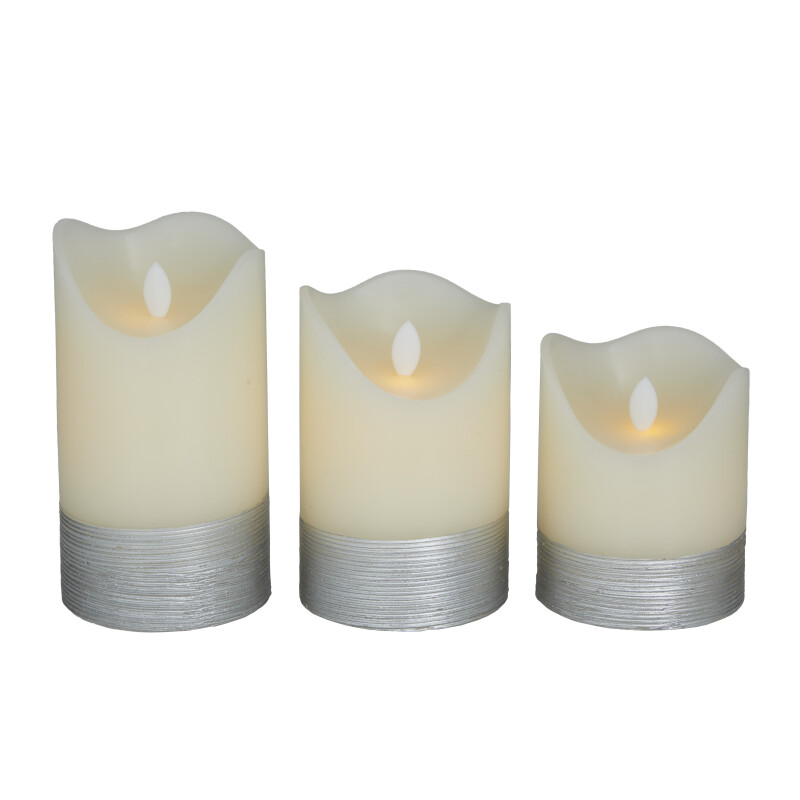 606613 Silver Wax Traditional Flameless Candle Set of 3