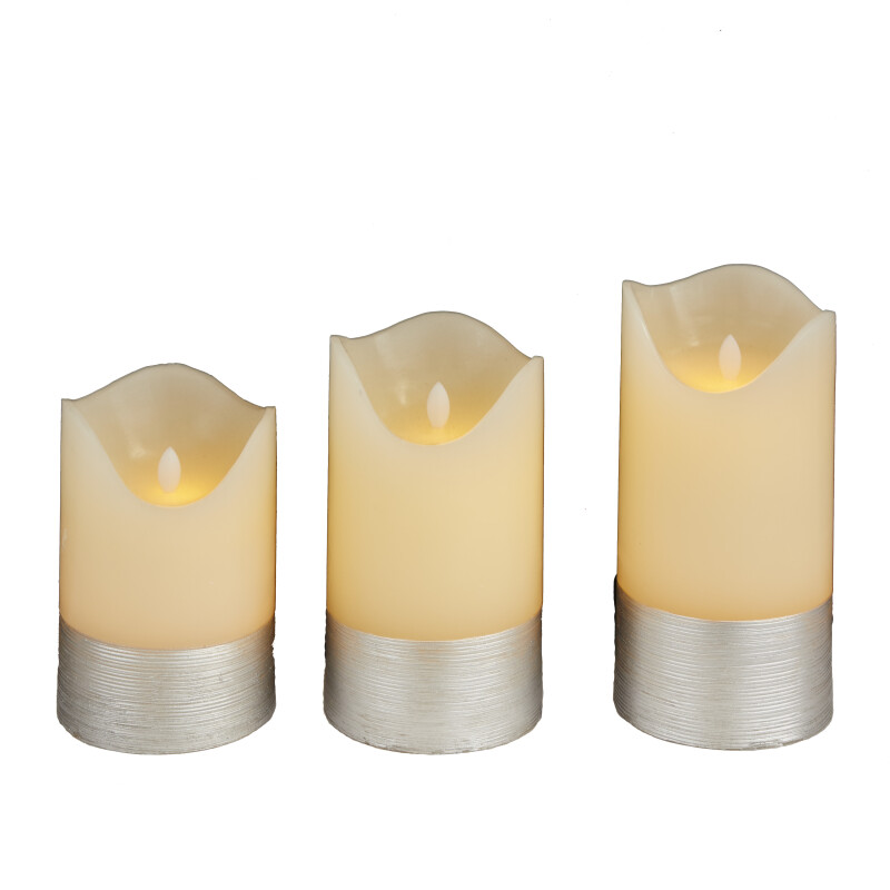 606615 Silver Silver Wax Traditional Flameless Candle Set Of 3 8 7 6 H 17