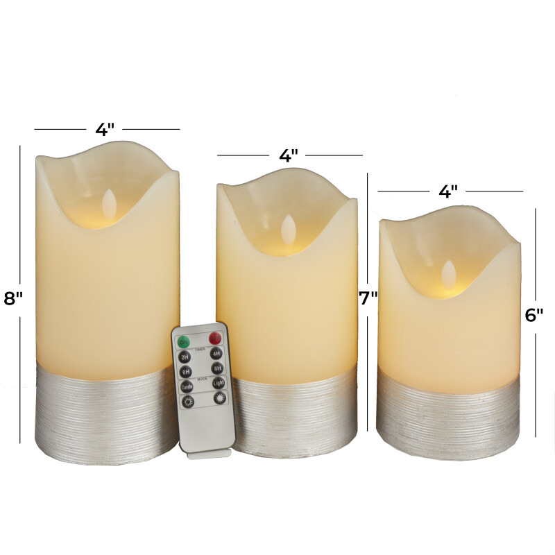 606615 Silver Silver Wax Traditional Flameless Candle Set Of 3 8 7 6 H 19