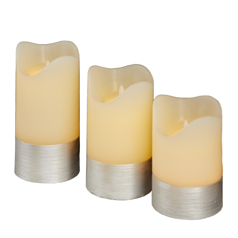 606615 Silver Silver Wax Traditional Flameless Candle Set Of 3 8 7 6 H 3