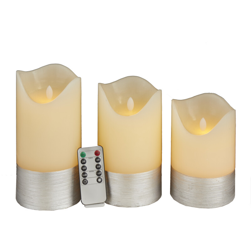 606615 Silver Wax Traditional Flameless Candle Set of 3