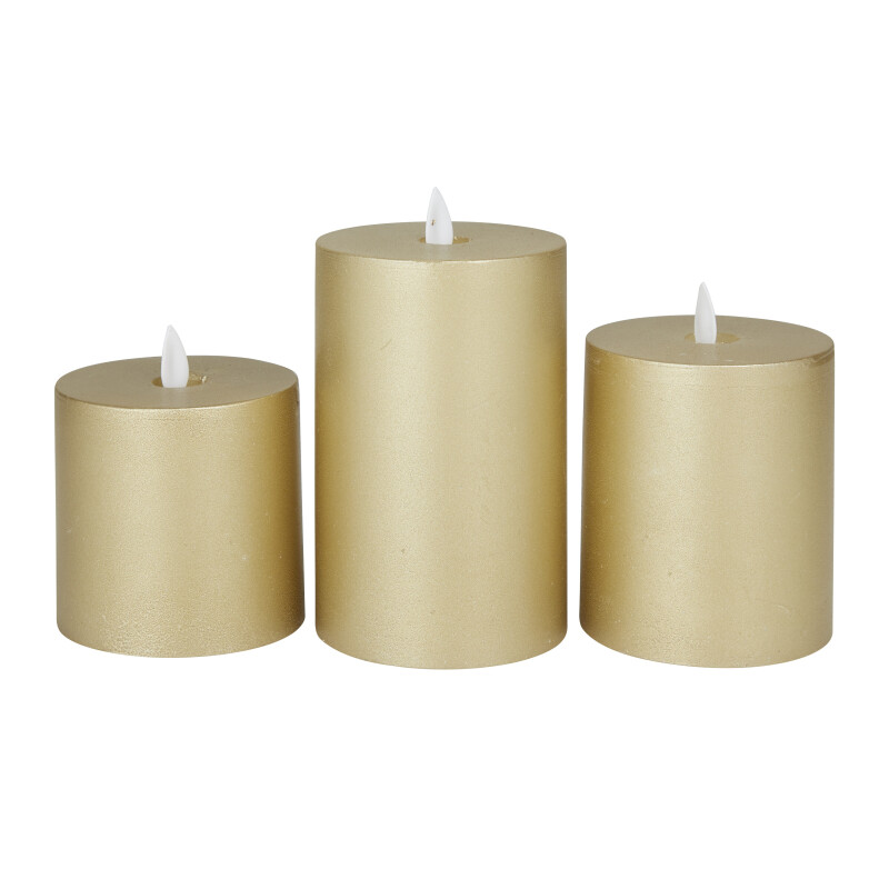 606619 Gold Gold Wax Traditional Flameless Candle Set Of 3 5 4 4 H 17