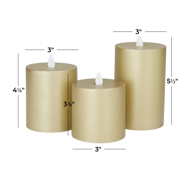 606619 Gold Gold Wax Traditional Flameless Candle Set Of 3 5 4 4 H 19
