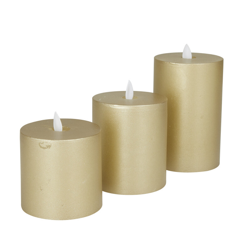 606619 Gold Gold Wax Traditional Flameless Candle Set Of 3 5 4 4 H 3