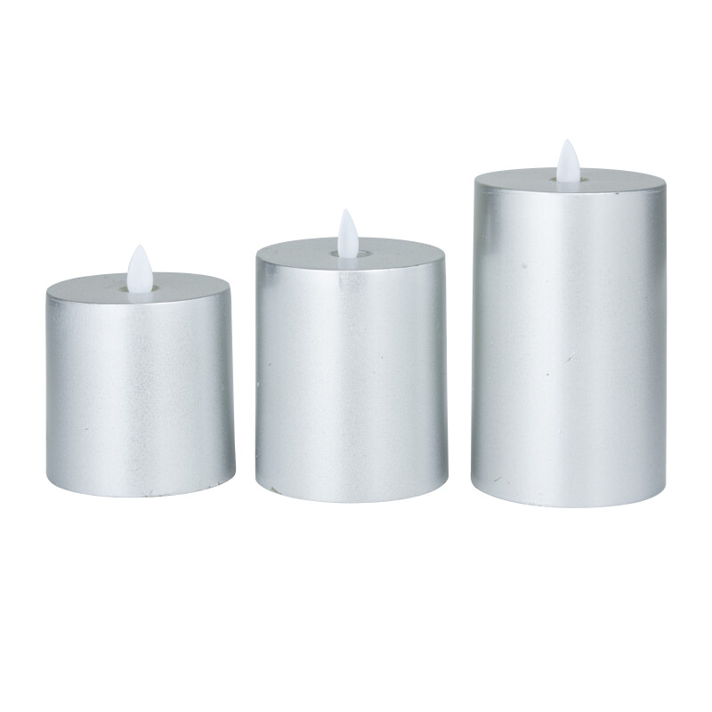 606620 Silver Silver Wax Traditional Flameless Candle Set Of 3 6 4 4 H 17