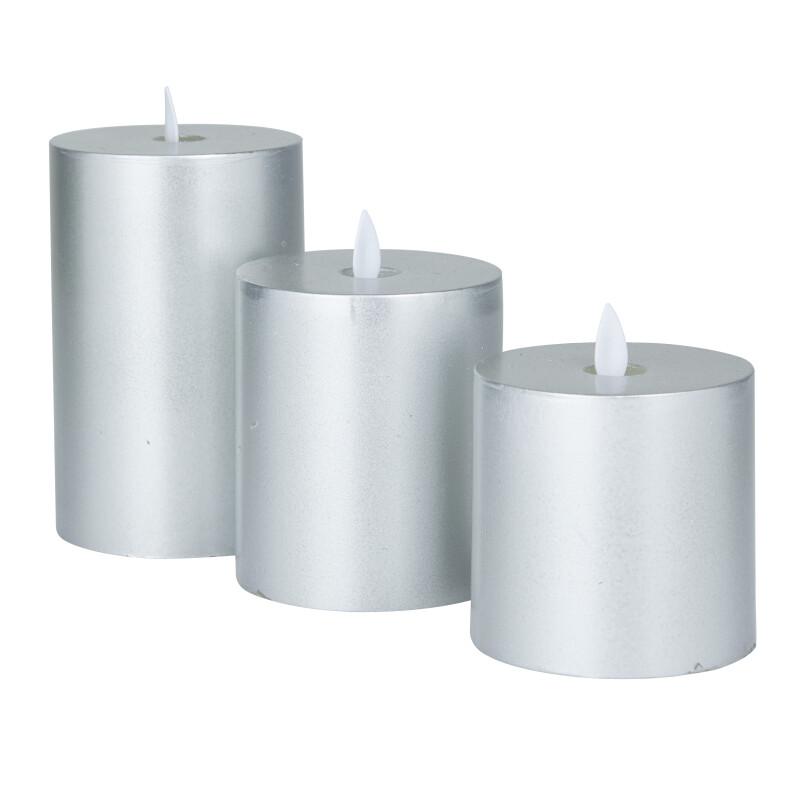 606620 Silver Silver Wax Traditional Flameless Candle Set Of 3 6 4 4 H 3