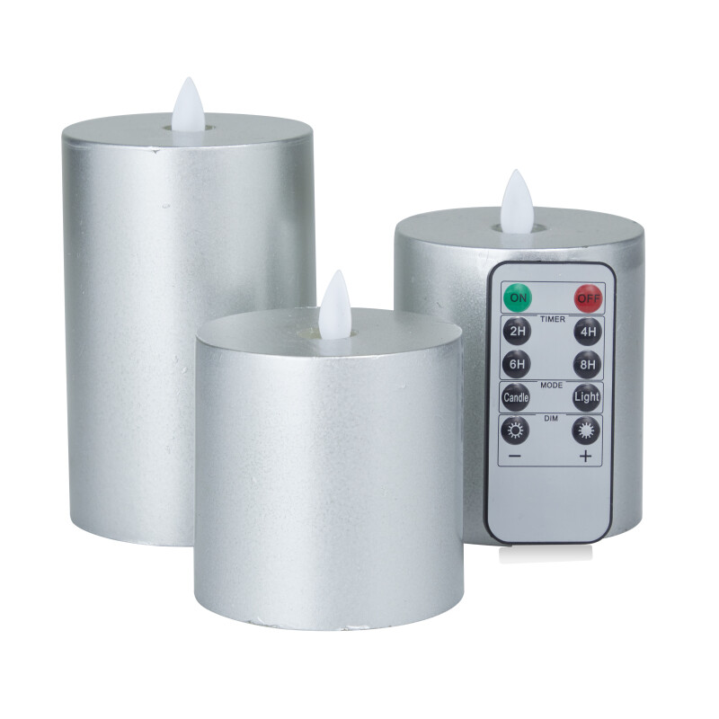 606620 Silver Wax Traditional Flameless Candle Set of 3