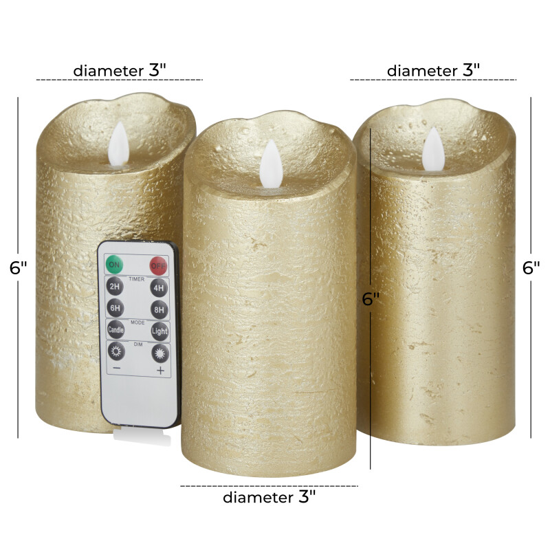606621 Gold Gold Wax Traditional Flameless Candle Set Of 3 6 6 6 H 19
