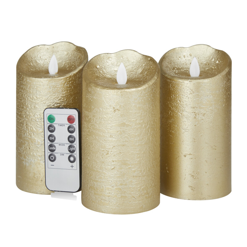 606621 Gold Wax Traditional Flameless Candle Set of 3