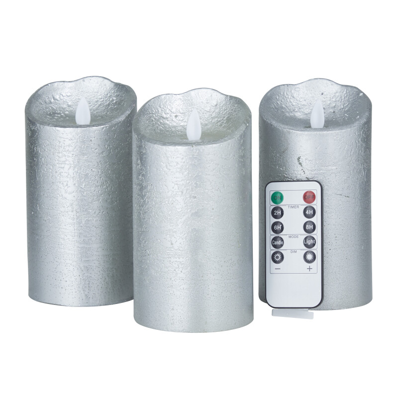 606622 Silver Wax Traditional Flameless Candle Set of 3