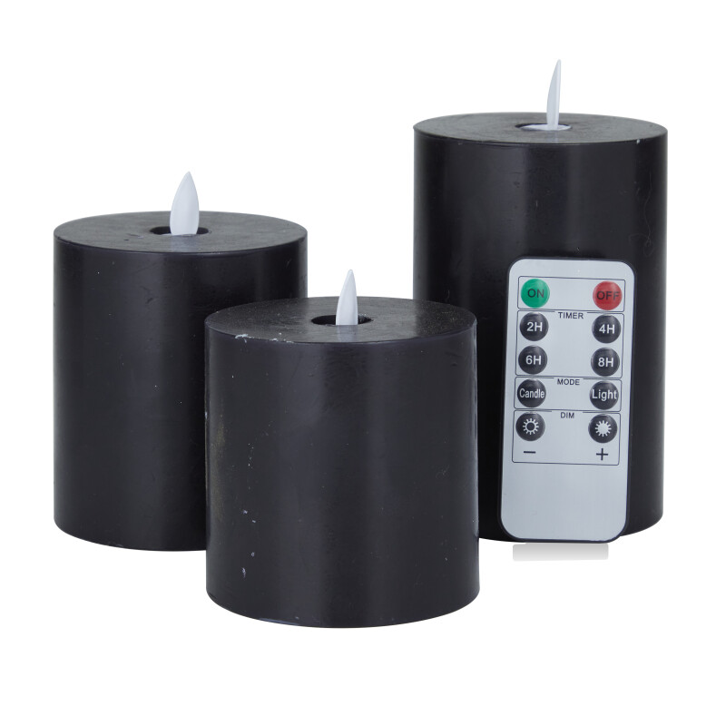 606632 Black Wax Traditional Flameless Candle Set of 3