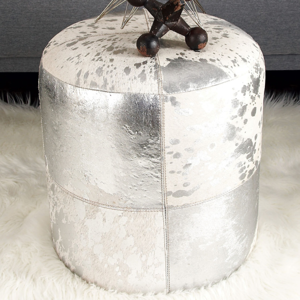 606754 Silver Leather And Wood Glam Ottoman