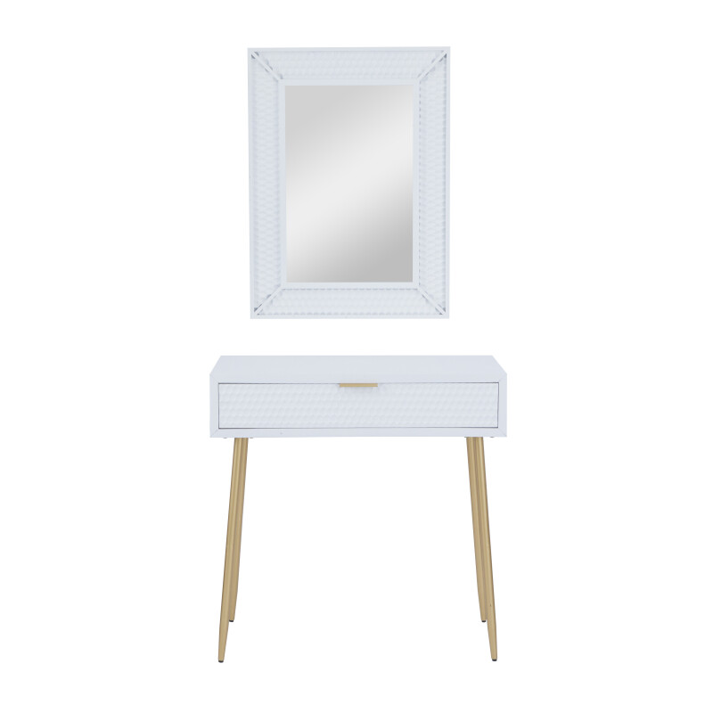 607001 White Wood Contemporary Vanity with Stool Set of 2