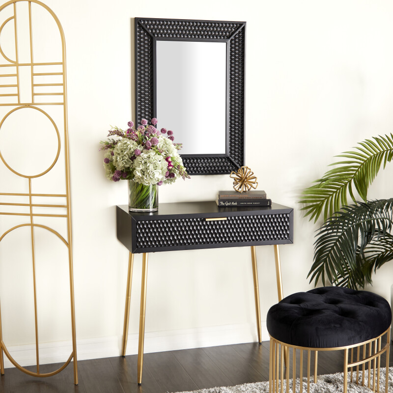 607002 Black Wood Contemporary Vanity with Stool Set of 2